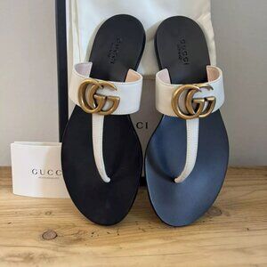 NEW Gucci Marmont GG Leather T Strap Thong Flat Sandals Shoes Cream Size 39